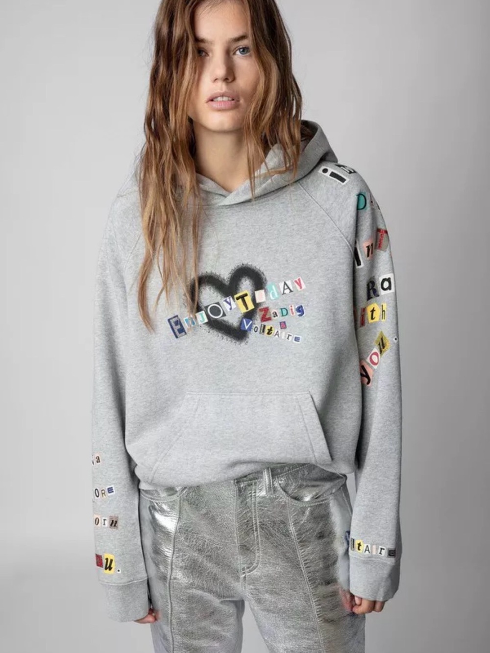 Zadig & Voltaire Light Gray Hoodie with Multicolor Lettering Sz M